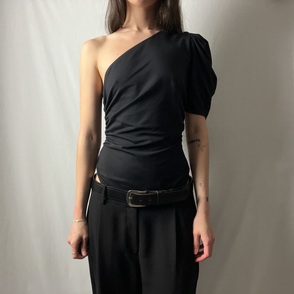 free people black minimalist one shoulder puff sleeve asymmetrical bodysuit top